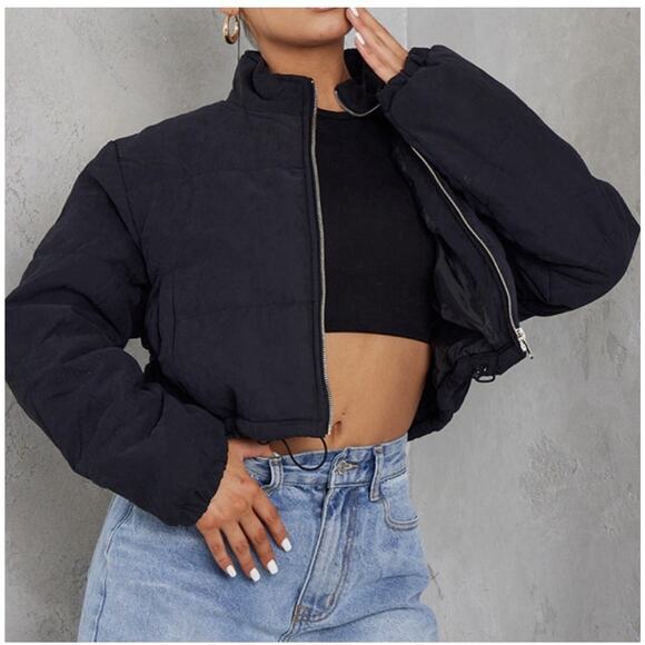 PrettyLittleThing Jackets & Blazers - Pretty Little Thing Womens Cropped Puffer Jacket Peach Skin Black Size 6